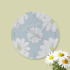 Springtime Daisies Blue Modern Floral Daisy Clock Runde Wanduhr