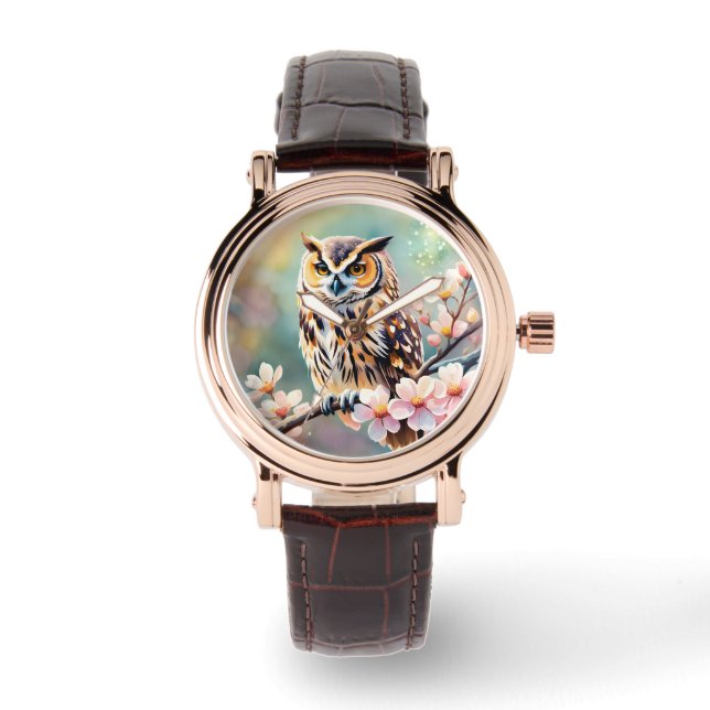 Springtime, Eule, rosa Blüten Armbanduhr (Vorderseite)