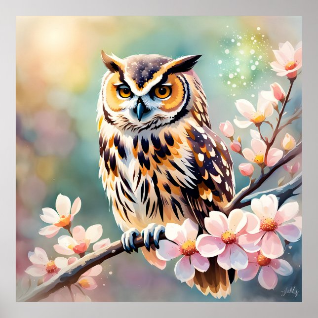 Springtime, Eule, rosa Blüten Poster (Vorne)