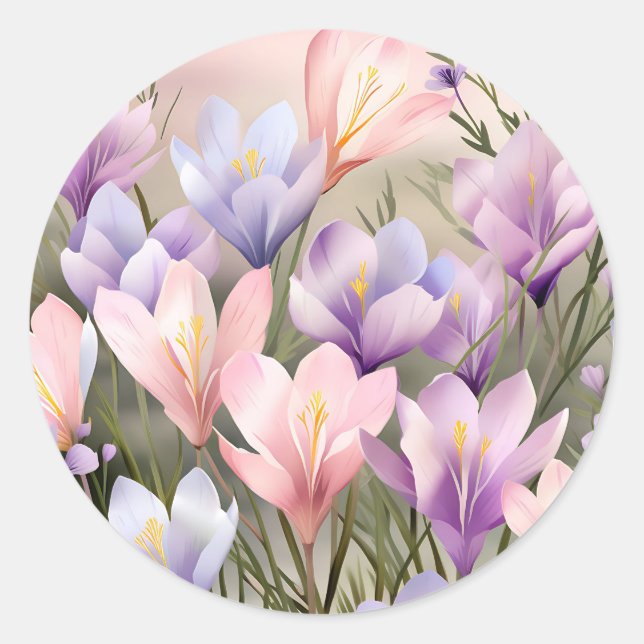 Springtime Floral Crocus Fields Runder Aufkleber (Vorderseite)