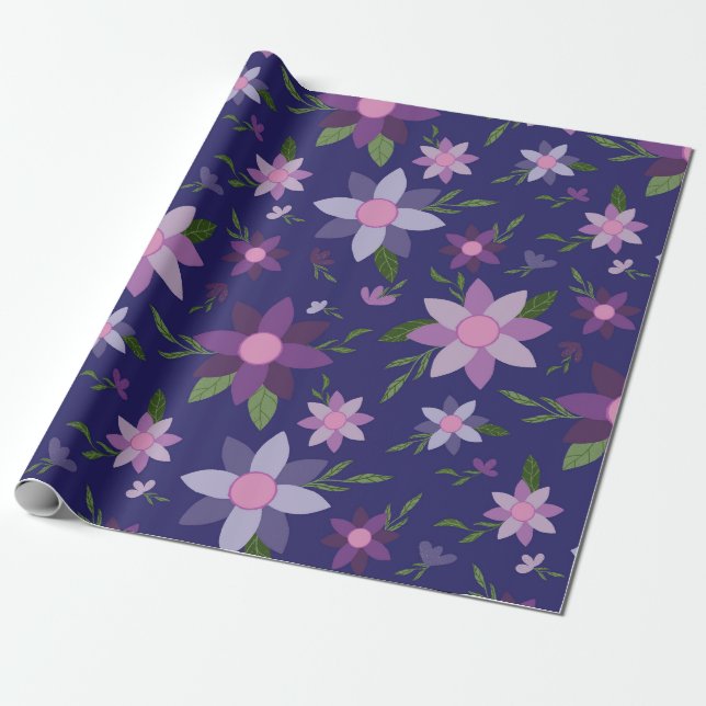 Springtime Floral Muster auf blauem Hintergrund Geschenkpapier (Ungerollt)