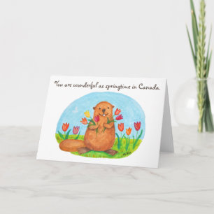 Springtime in Canada Beaver with Tulips Canadian Karte