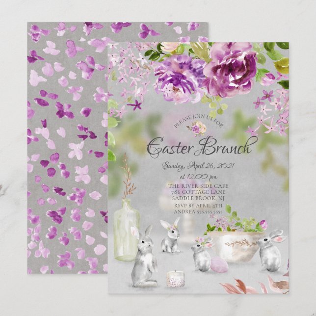Springtime Peonies Bunny Floral Ostern Brunch Einladung (Vorne/Hinten)