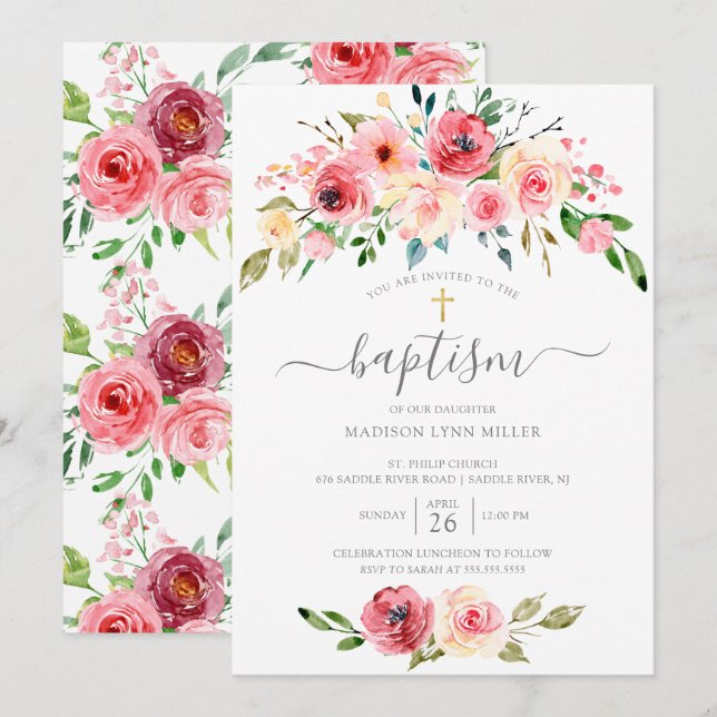 Springtime Peonies Rose Floral Taufen Einladung (Vorne/Hinten)