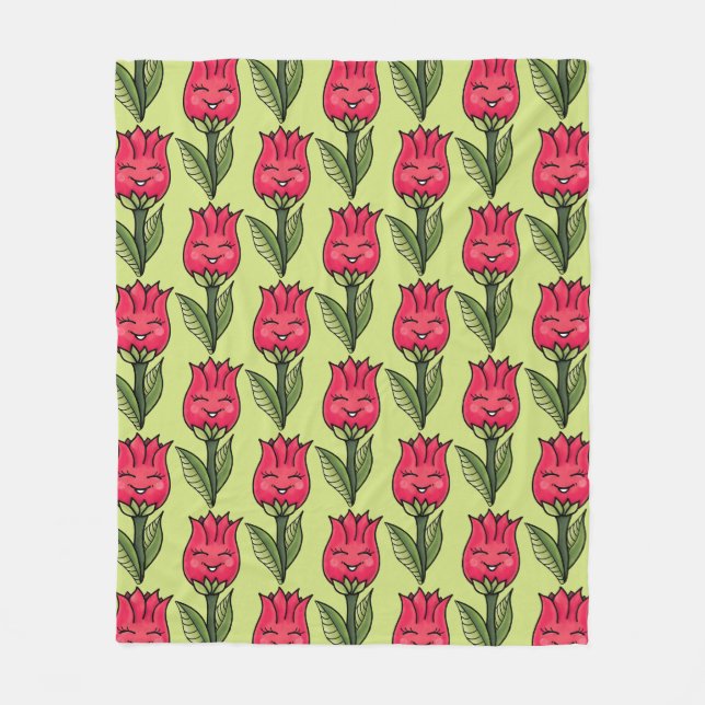Springtime Tulip Blume Muster Rot Grün Niedlich Fleecedecke (Vorderseite)