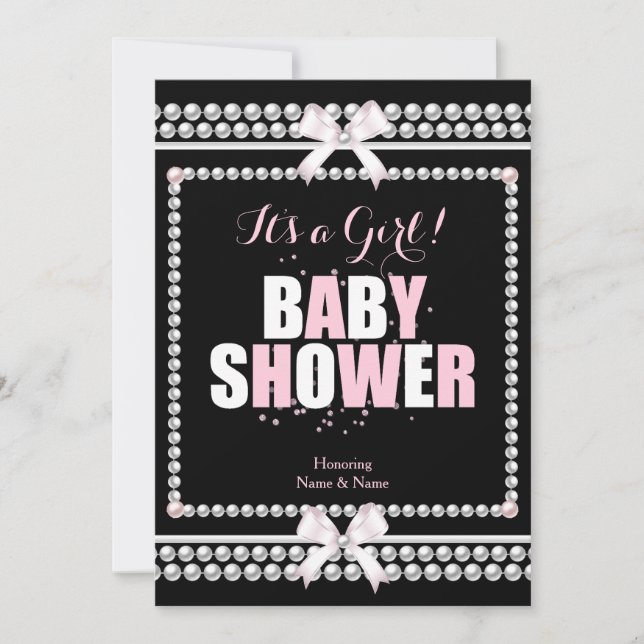 Sprinkle Babydusche Girl Pink Pearls Black Einladung (Vorderseite)
