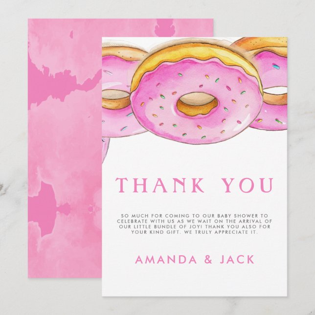 Sprinkle Donuts Wasserfarbe Rosa Babydusche Dankeskarte (Vorne/Hinten)