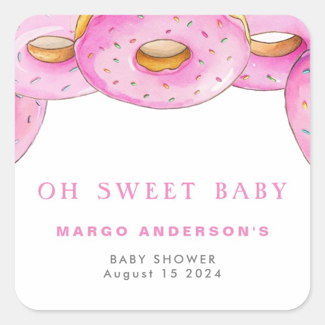 Sprinkle Donuts Wasserfarbe Rosa Babydusche Quadratischer Aufkleber (Vorderseite)