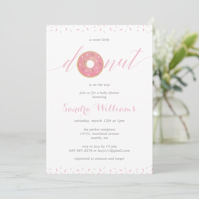 Sprinkler Donut Skript Babydusche Invitation_Pink Einladung (Stehend Vorderseite)
