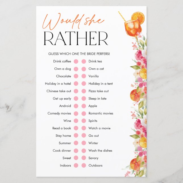Spritz Bridal Shower Games Would She Rather (Vorderseite)