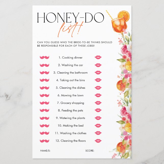 Spritz Citrus Honey Do List Bridal Shower Game (Vorderseite)