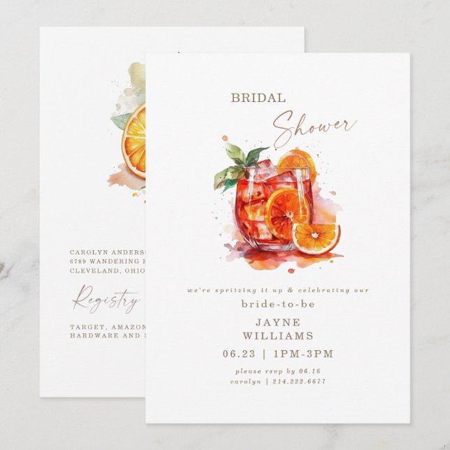 Spritze auf das Aperol Spritz Brautparty Einladung (Vorne/Hinten)