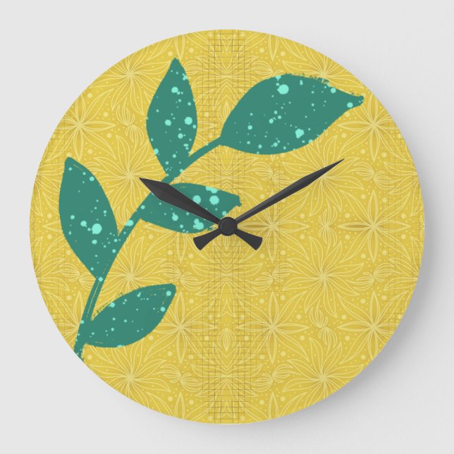 Spritzer Grünes Blatt auf der gelben Blumenallee Große Wanduhr (Vorderseite)