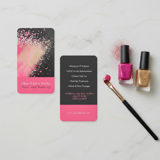 Spritzer in Rosa und Schwarz/Glitzer Visitenkarte (Pink, Black and Gold Glitter Splatter Business Card.)