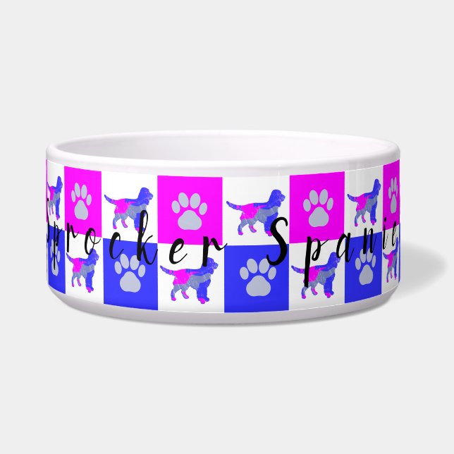 Sprocker Spaniel Dog & Paw Hot Pink & Blue Bowl Napf (Vorderseite)