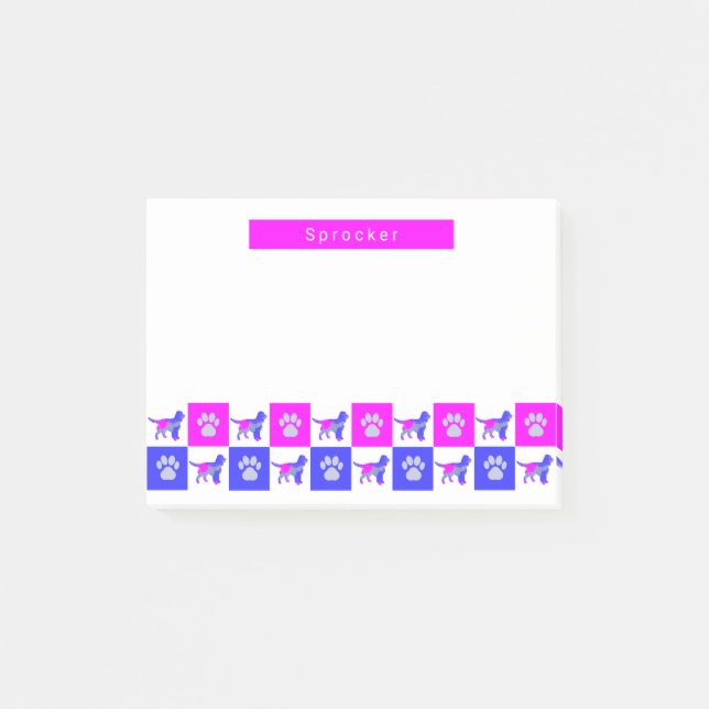 Sprocker Spaniel Dog & Paw Print Hot Pink & Blue Post-it Klebezettel (Vorderseite)