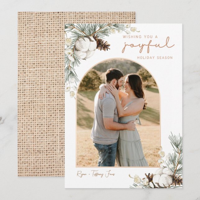 Spruce & Pine Cones Weihnachtskarte mit Arch-Foto Einladung (Vorne/Hinten)