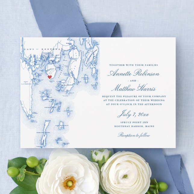Spruce Point Inn Boothbay Maine Navy Karte Hochzei (Spruce Point Inn Wedding Invitations with Elegant navy blue map of Boothbay Harbor Maine)