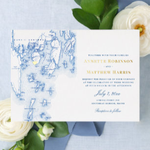 Spruce Point Inn Maine Hochzeit Navy und Gold Folieneinladung
