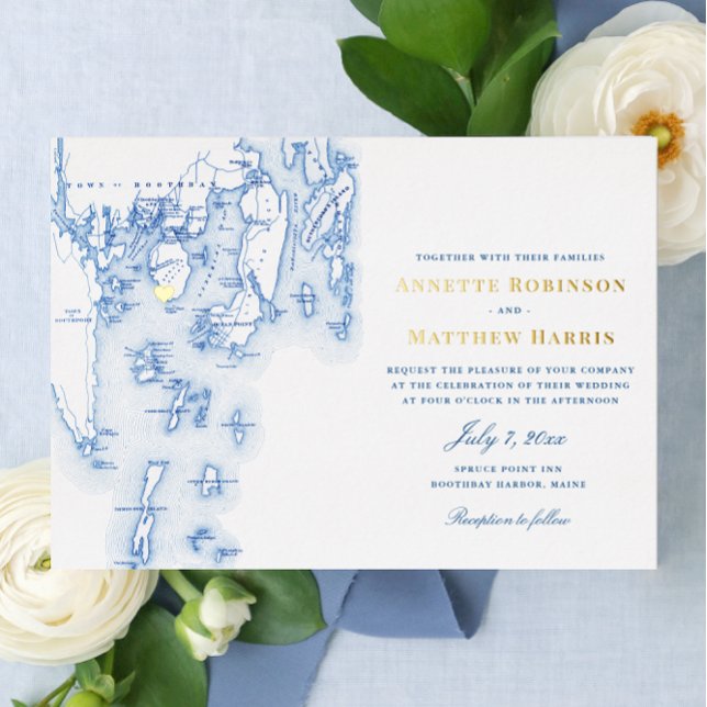 Spruce Point Inn Maine Wedding Navy und Gold Folieneinladung (Elegant Navy Blue Spruce Point Inn Boothbay Harbor Maine Wedding Invitations with real Gold Foil )