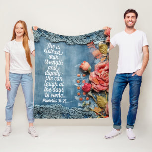 Sprüche 31:25 Vliesdecke Bibelvers Floral Fleecedecke