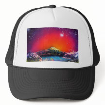 Sprühfarbe Kunst Berg Teich Sonnenuntergang Malere