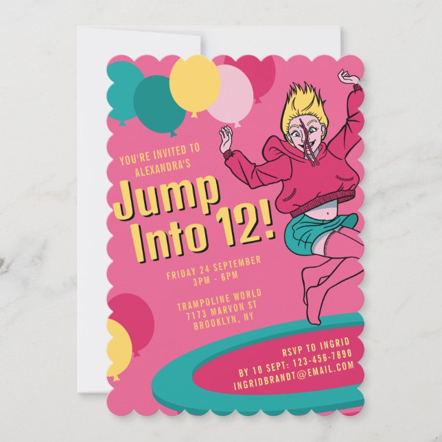 Sprung in 12 Niedliche Trampolin Girl 13. Geburtst Einladung (Vorderseite)