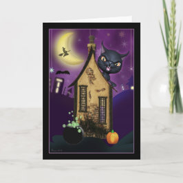 Spuk Black Cat Witz House Blank Grußkarte Karte