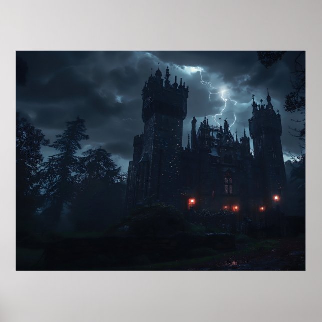 Spuk Burg im Gewitter Poster (Vorne)