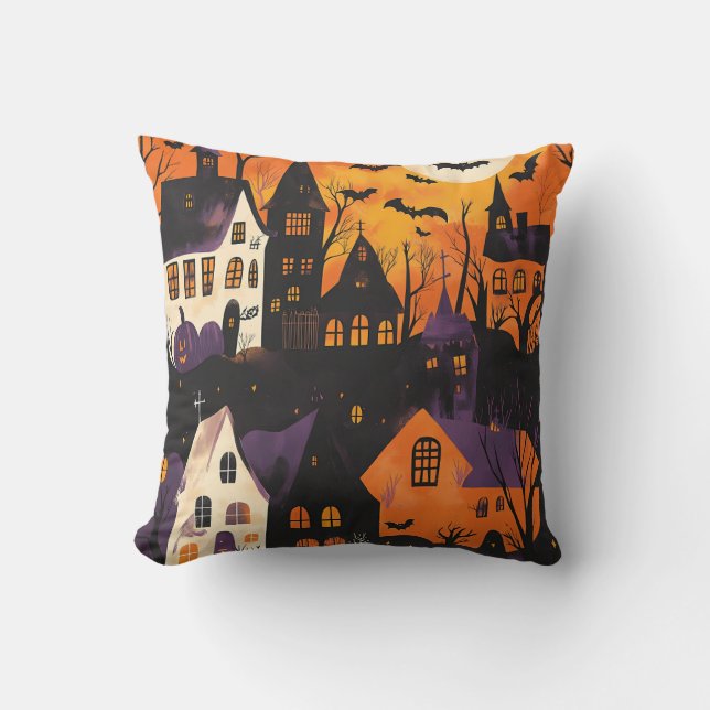 Spuk Dorf Spooky Lila Orange Halloween Kissen (Vorderseite)