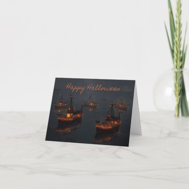 Spuk Hafenbeleuchtung - Spooky Halloween-Bootskart Dankeskarte (Vorderseite)