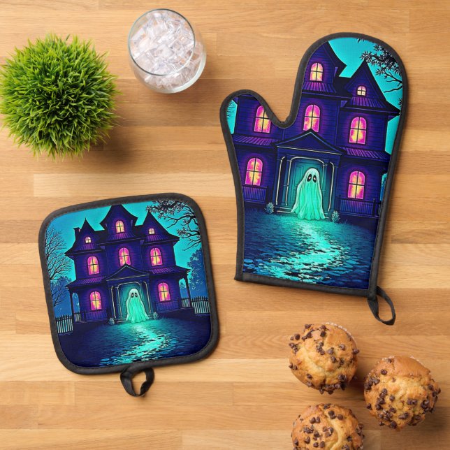 Spuk Halloween-Ghost-House-Design Ofenhandschuh & Topflappen-Set (Oben Unten)