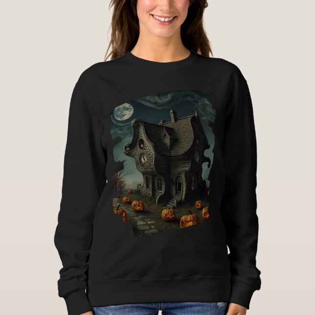 Spuk Halloween House mit Pumpkins und Vollmond Sweatshirt (Vorderseite)
