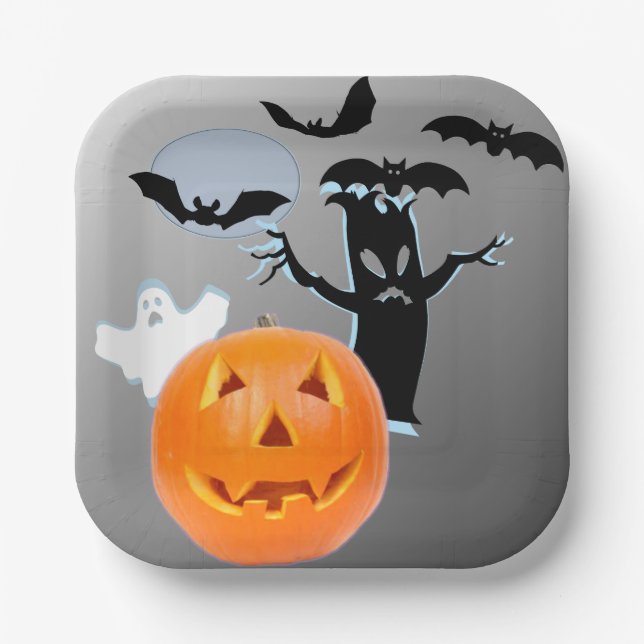 Spuk Halloween-Nacht - Pumpkins-Geist & Fledermäus Pappteller (Vorderseite)