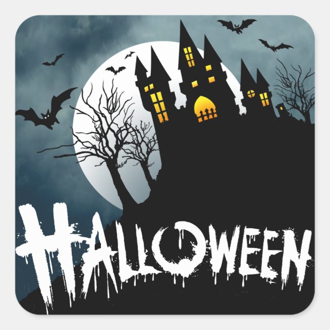 Spuk Haus auf einem Hügel Spooktacular Halloween Quadratischer Aufkleber (Vorderseite)
