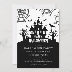 Spuk Haus Beängstigendes Schwarz-Weiß-Halloween-Pa Einladung