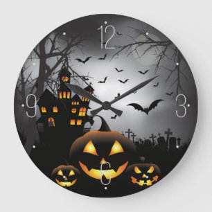 Spuk Haus des Halloweengraveyardszenen-Kürbises Große Wanduhr