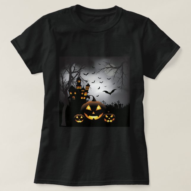 Spuk Haus des Halloweengraveyardszenen-Kürbises T-Shirt (Design vorne)