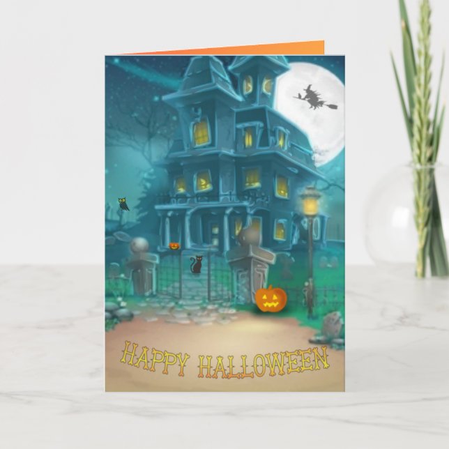 Spuk Haus Frohe Halloween-Hexe, Kürbis, Eule Karte (Vorderseite)