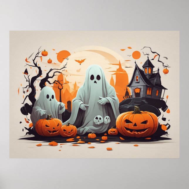 Spuk Haus, Geist und Pumpkins Halloween Poster (Vorne)