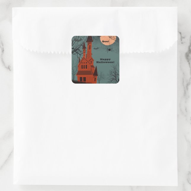 Spuk Haus glücklich Halloween Text Cool spöttisch Quadratischer Aufkleber (Tasche)