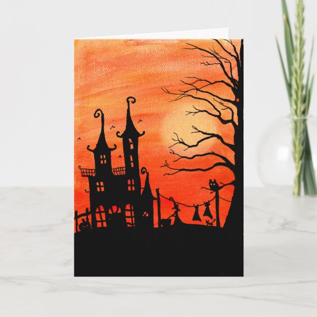 Spuk Haus-Hexe-Aufgaben-Halloween-Karte Karte (Vorderseite)