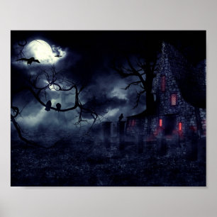 Spuk Haus im Nebel und Krähen Poster