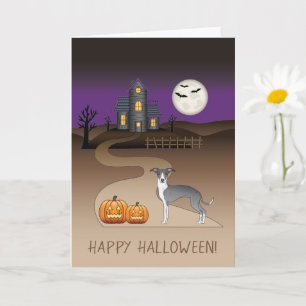 Spuk Haus mit blauem und weißem Iggy und Halloween Karte