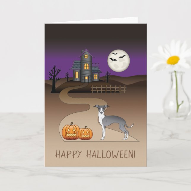 Spuk Haus mit blauem und weißem Iggy und Halloween Karte (Kleine Pflanze)