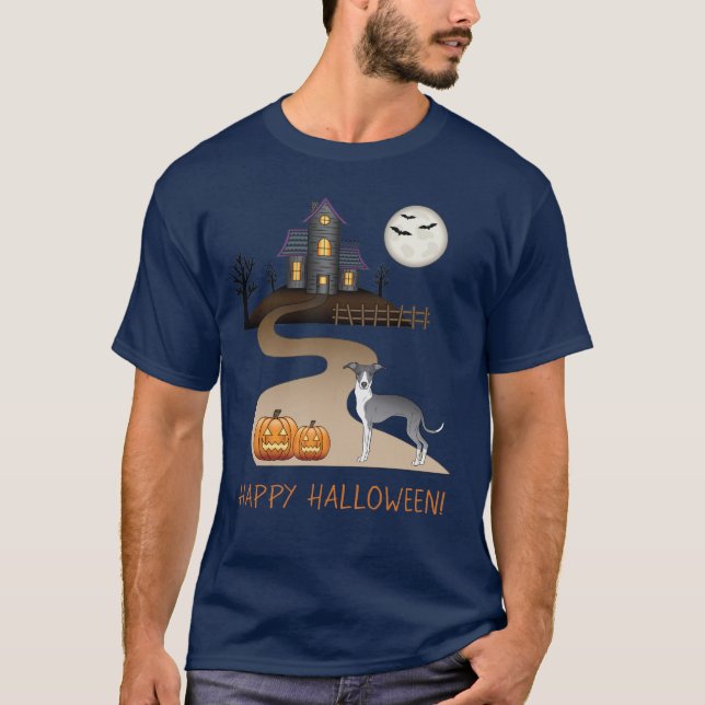 Spuk Haus mit blauem und weißem Iggy und Halloween T-Shirt (Vorderseite)