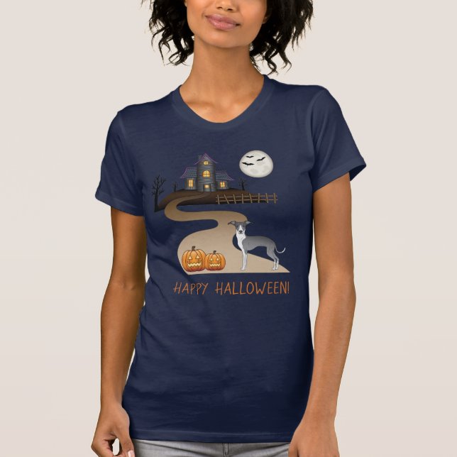Spuk Haus mit blauem und weißem Iggy und Halloween T-Shirt (Vorderseite)
