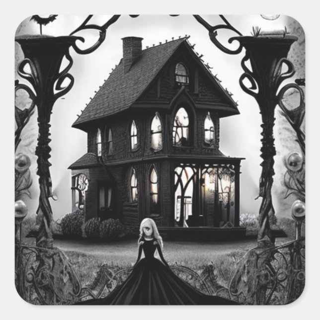 Spuk Haus mit Creepy Ghost Lady Quadratischer Aufkleber (Vorderseite)