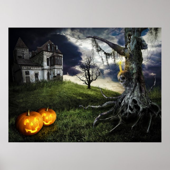 Spuk Haus mit Kürbislaternen zu Halloween Poster (Vorne)