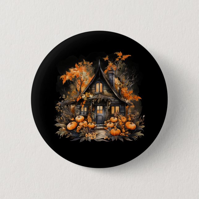 Spuk Haus mit Pumpkins Halloween Button (Vorderseite)